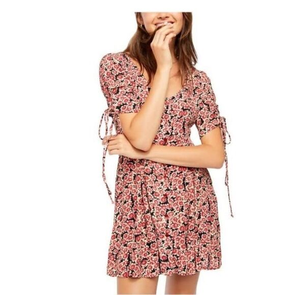 Free people laced up button down mini dress floral red black size small - Picture 1 of 11